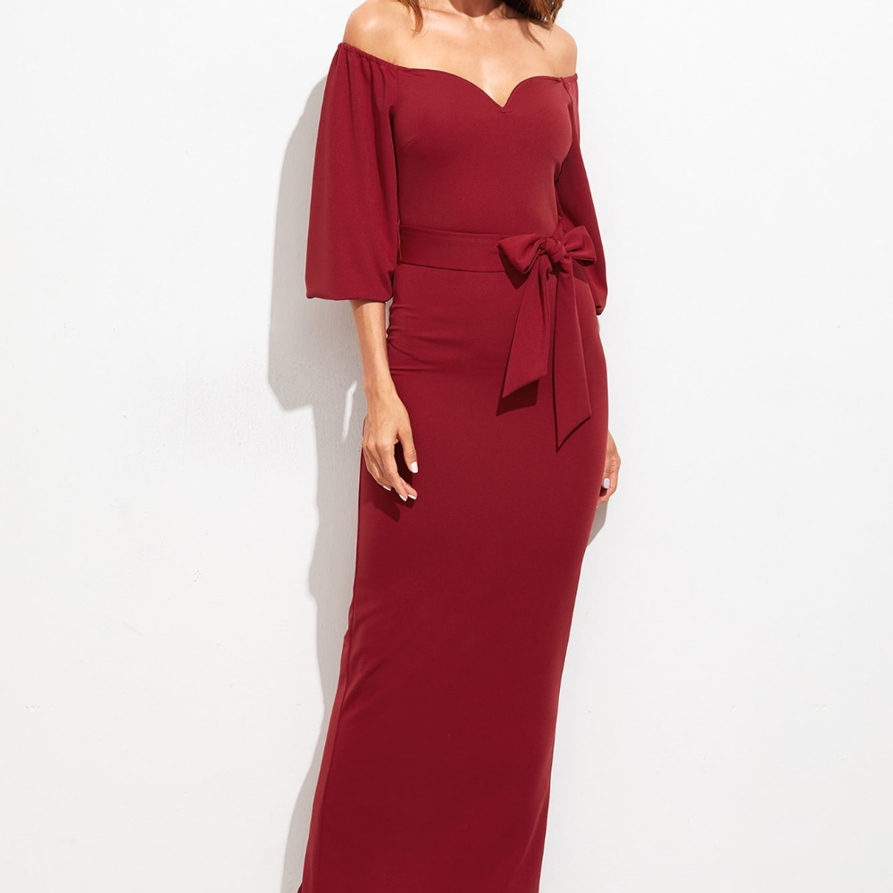 Sweetheart Off Shoulder Belted Dress - Picture 2 of 5